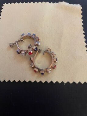 Gold-Tone Hoop Earrings with Red, Blue and White Stones screw backing